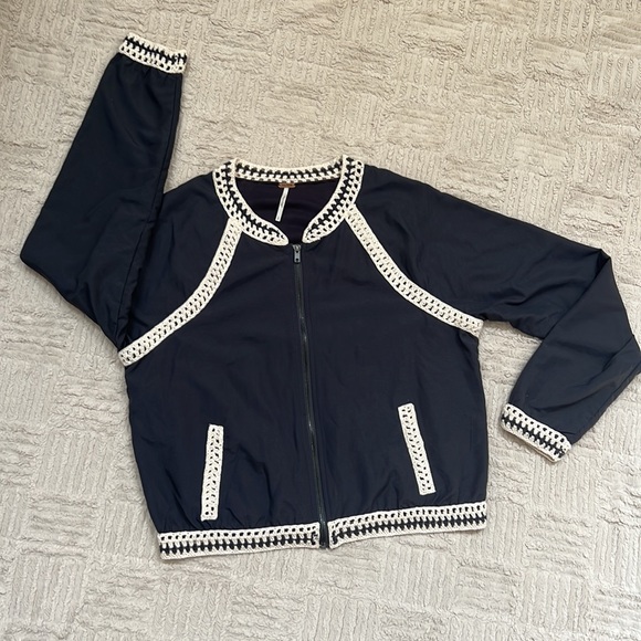 Free People baseball jacket cropped crochet trim Size Large - Picture 2 of 16